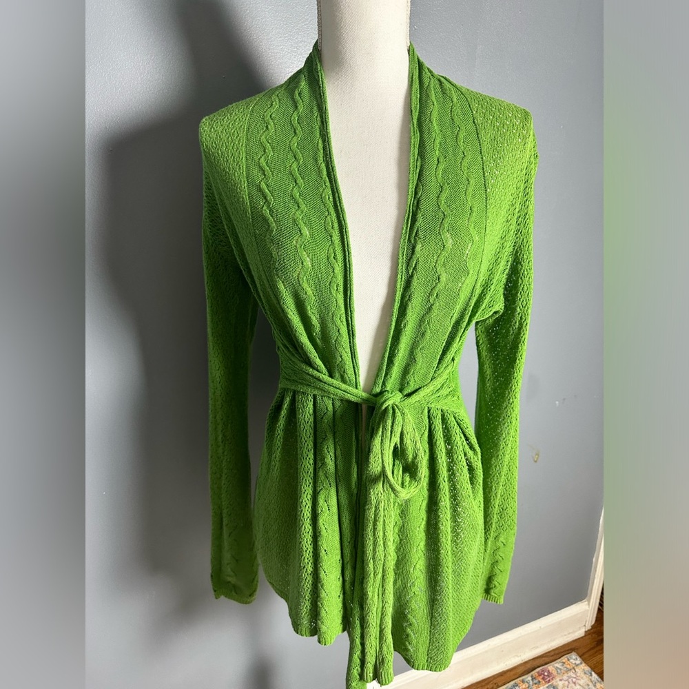Lightweight Open-Front Tie-Waist Cardigan Sweater in Bright Green